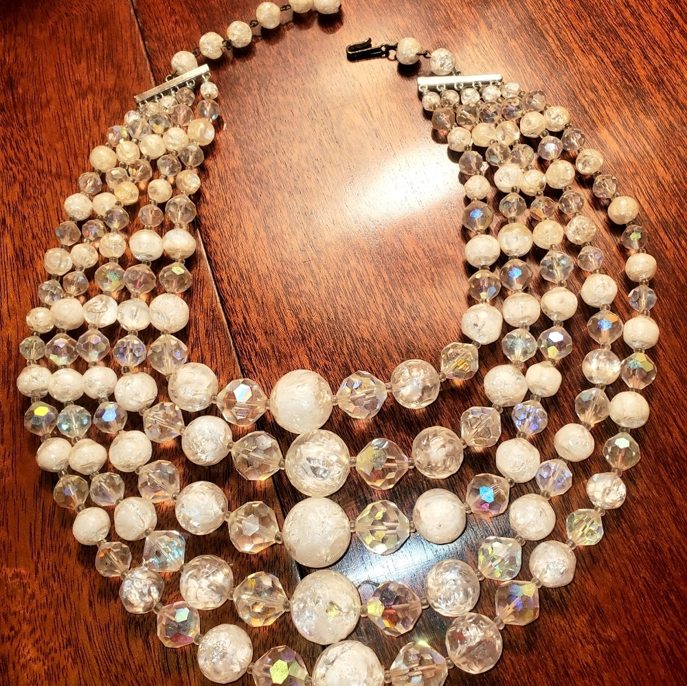 Vintage 1961 5 Strand A.B. & Crackle Bead Bib Statement Necklace